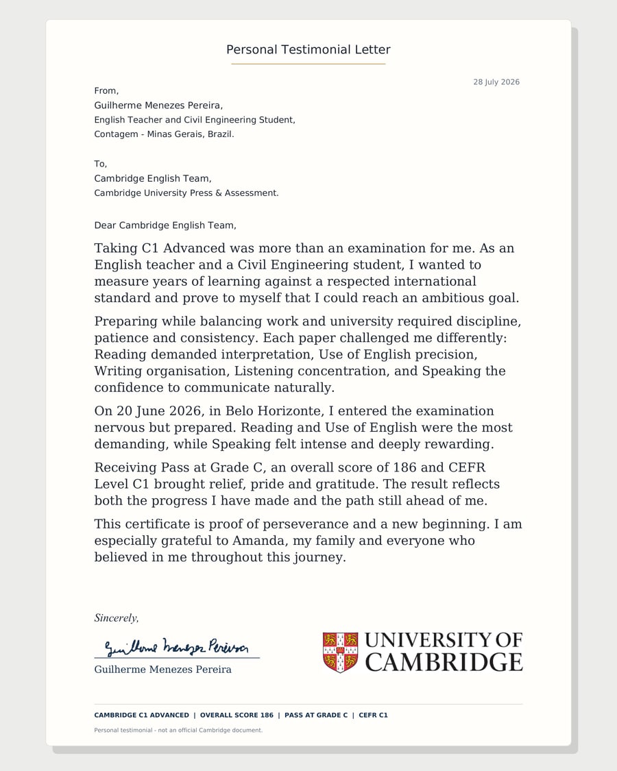 Prévia da carta pessoal de Guilherme Menezes sobre o Cambridge C1 Advanced