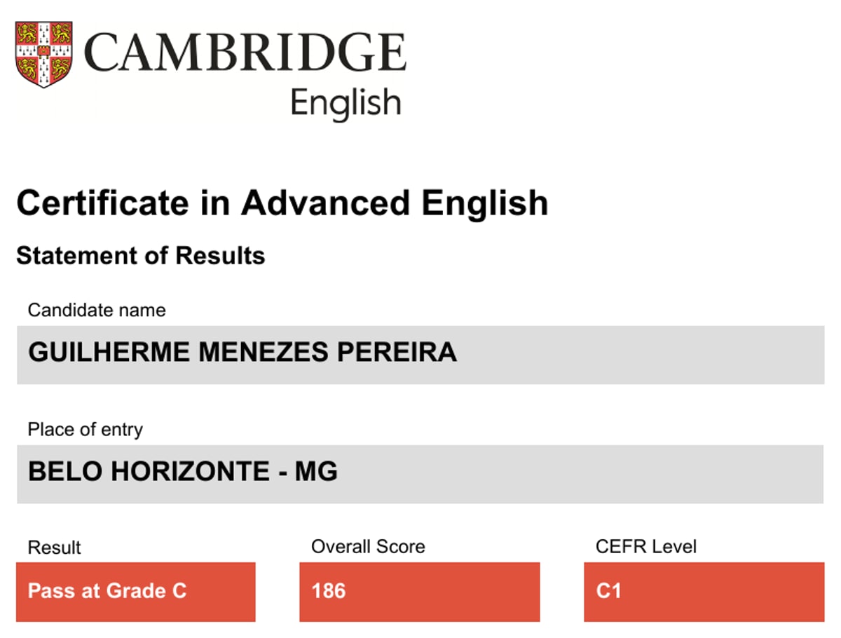 Prévia do Statement of Results Cambridge C1 Advanced