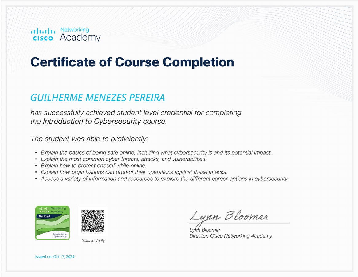Prévia do certificado Cisco Introduction to Cybersecurity