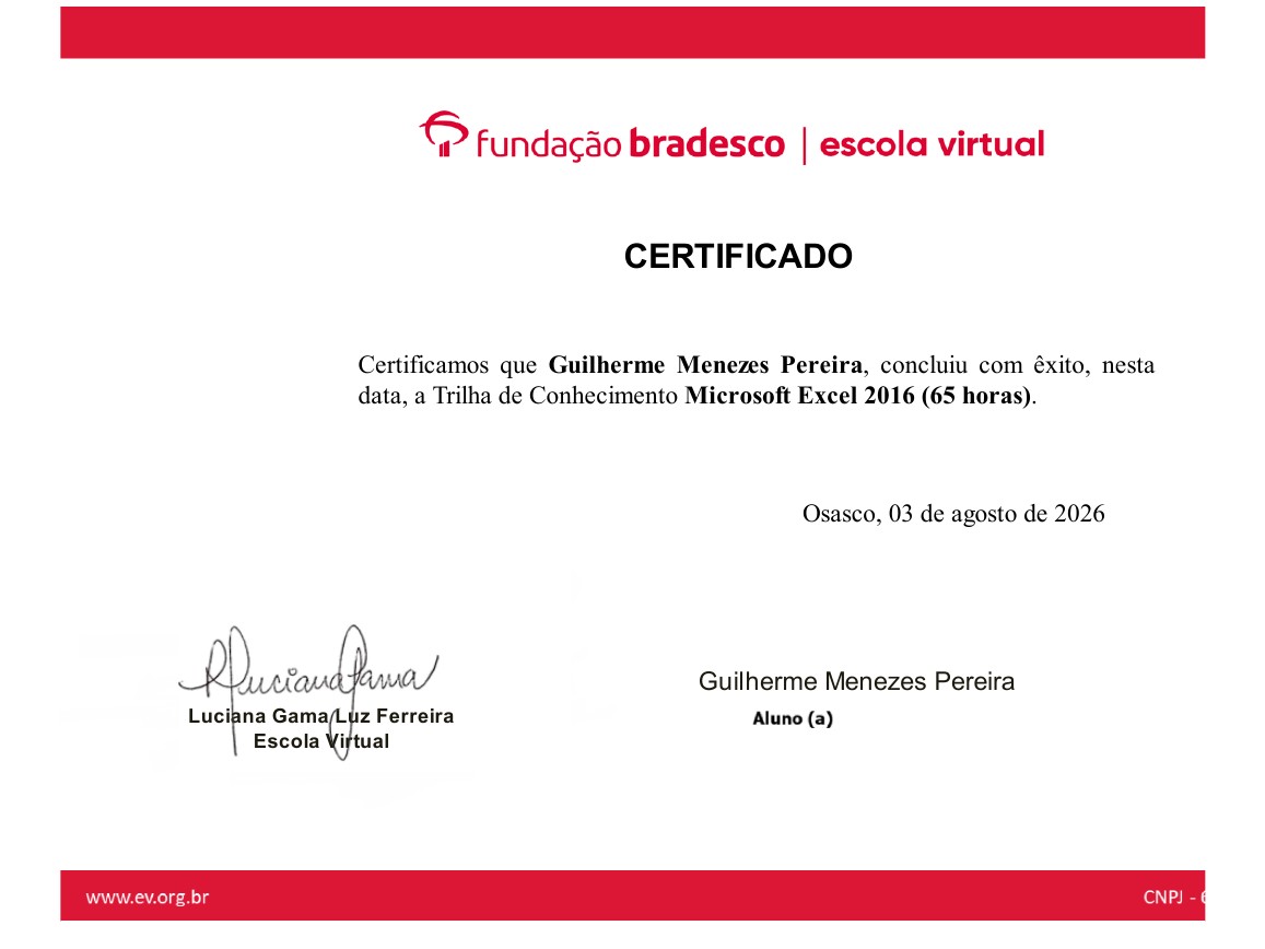 Prévia do certificado Microsoft Excel 2016