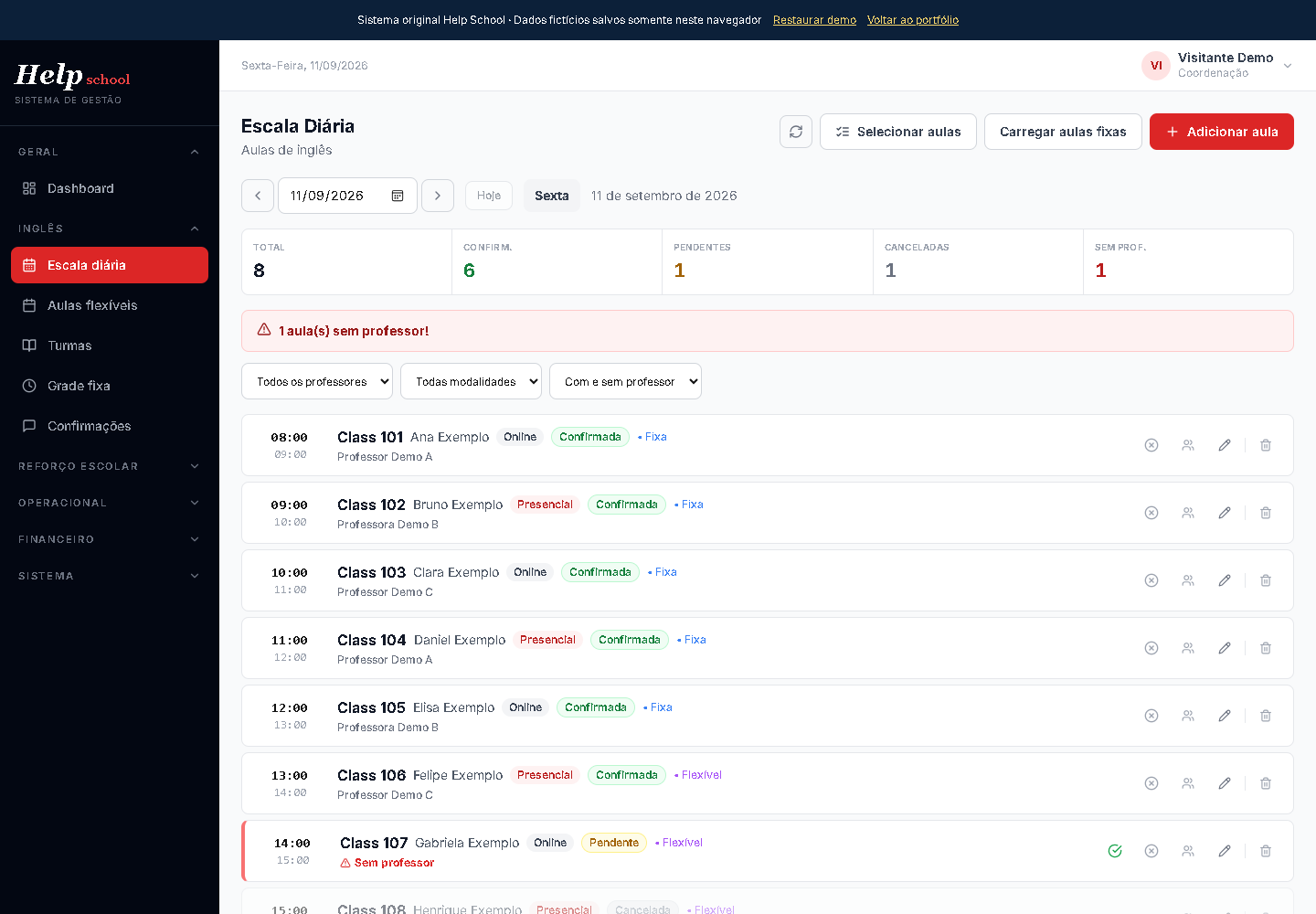 Original Help School application developed by Guilherme, showing the daily lesson schedule